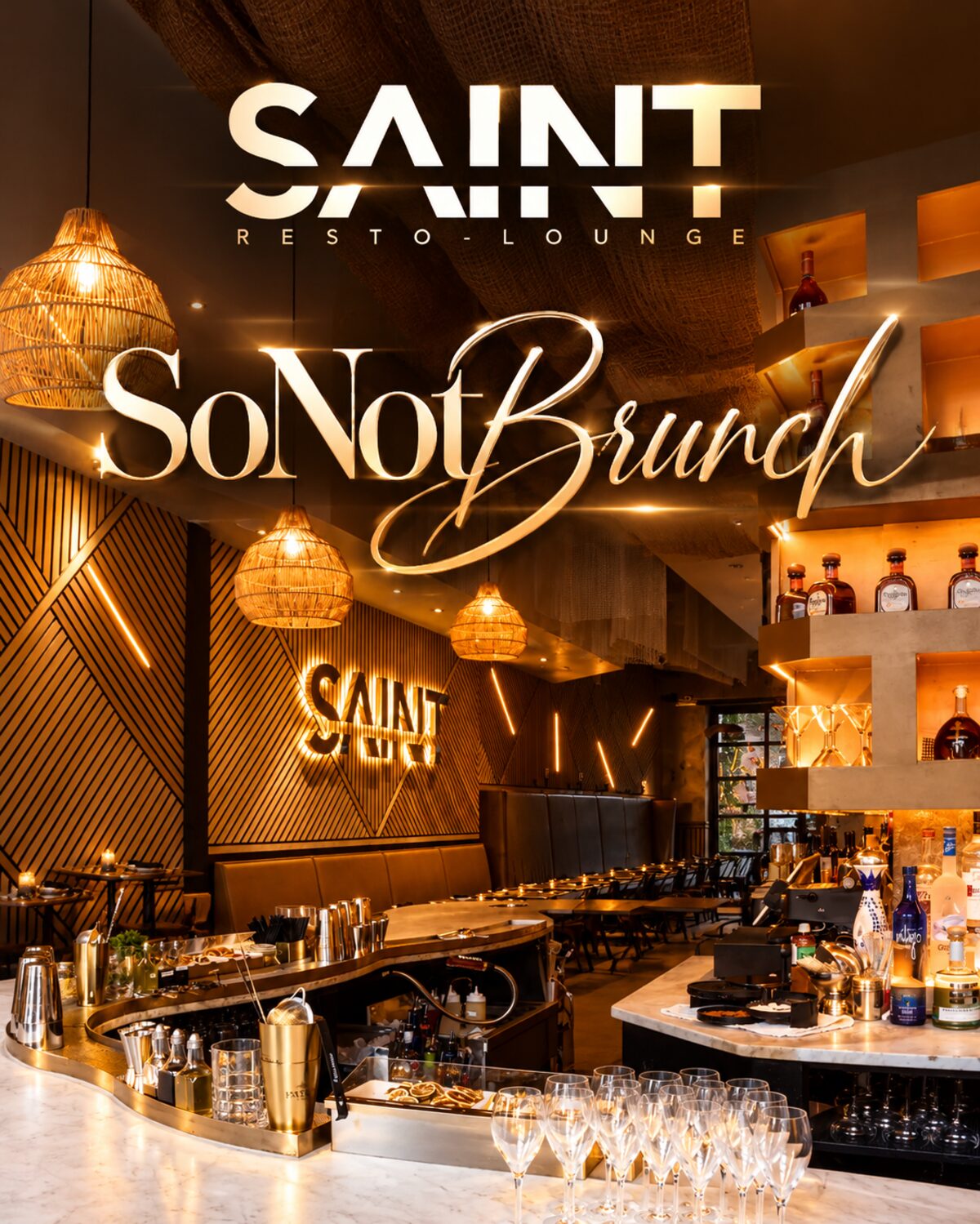 SoNotBrunch at Saint Resto-Lounge flyer, gold-lit bar with champagne glasses